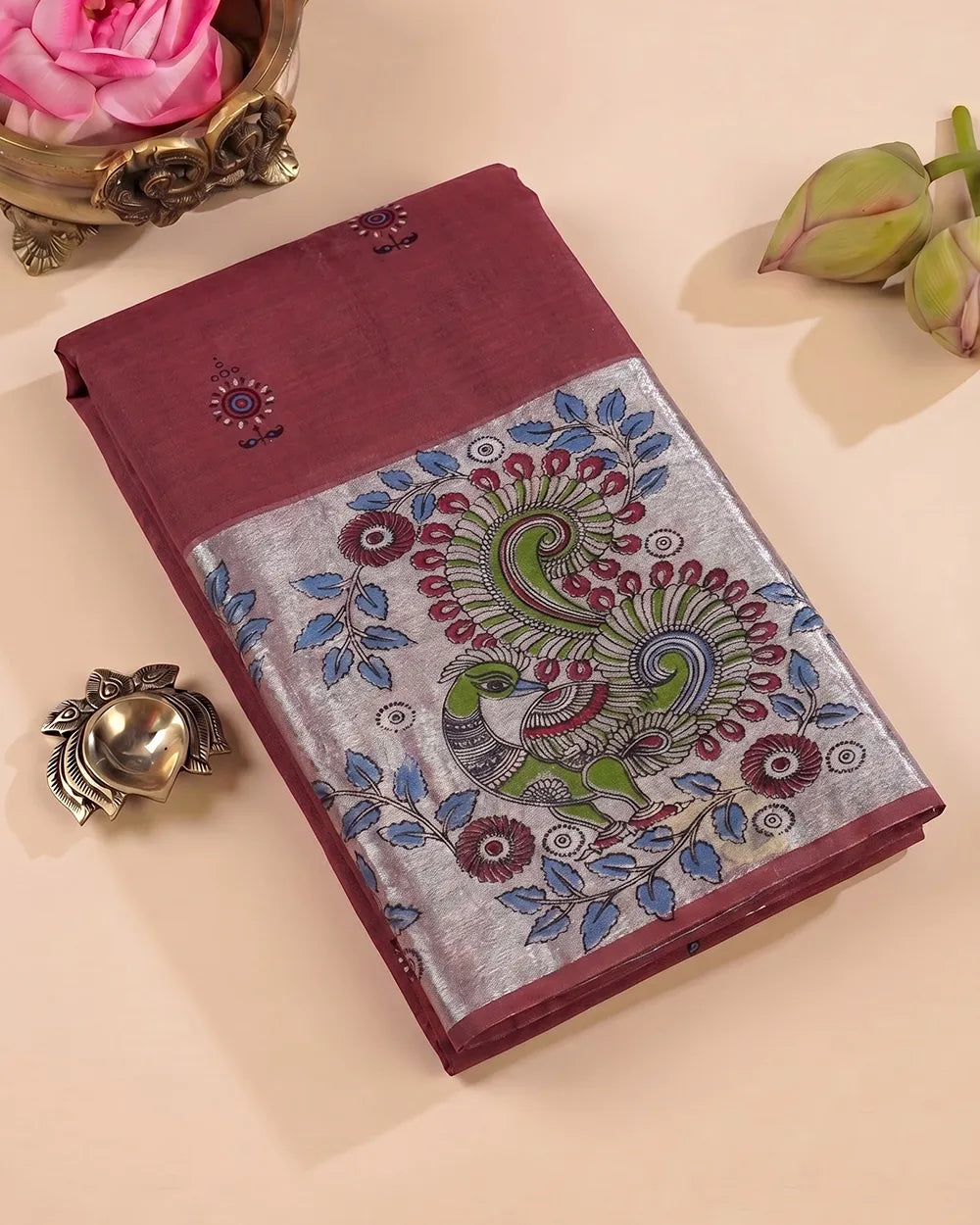 SC7500 - KHADI COTTON WITH SILVER ZARI PEACOCK PRINTED SAREE