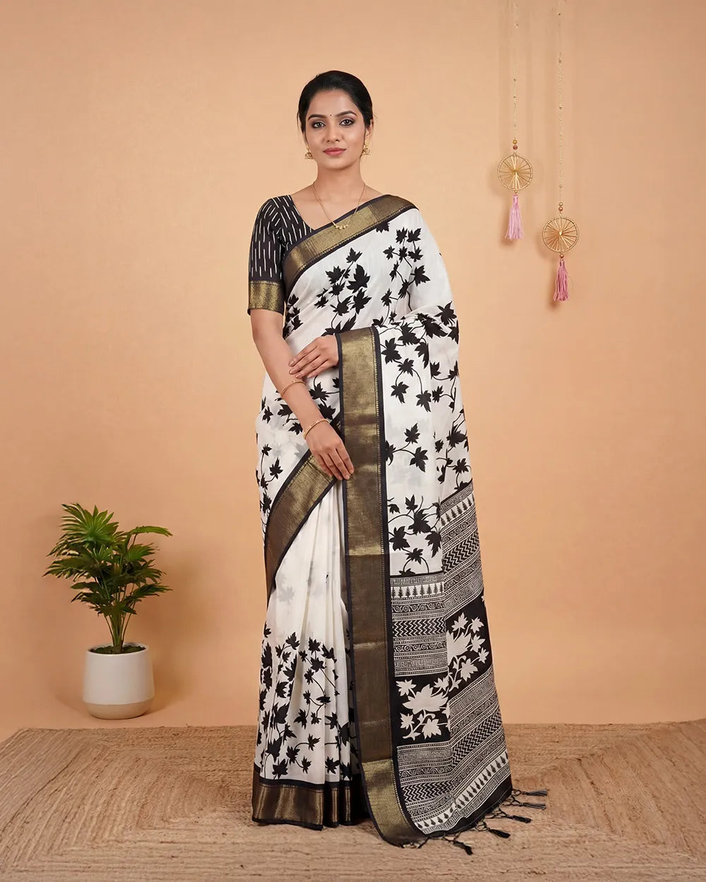 SC5734(3) - TRENDY DOLA SILK SAREE WITH LEAF WHITE WITH BLACK BORDER