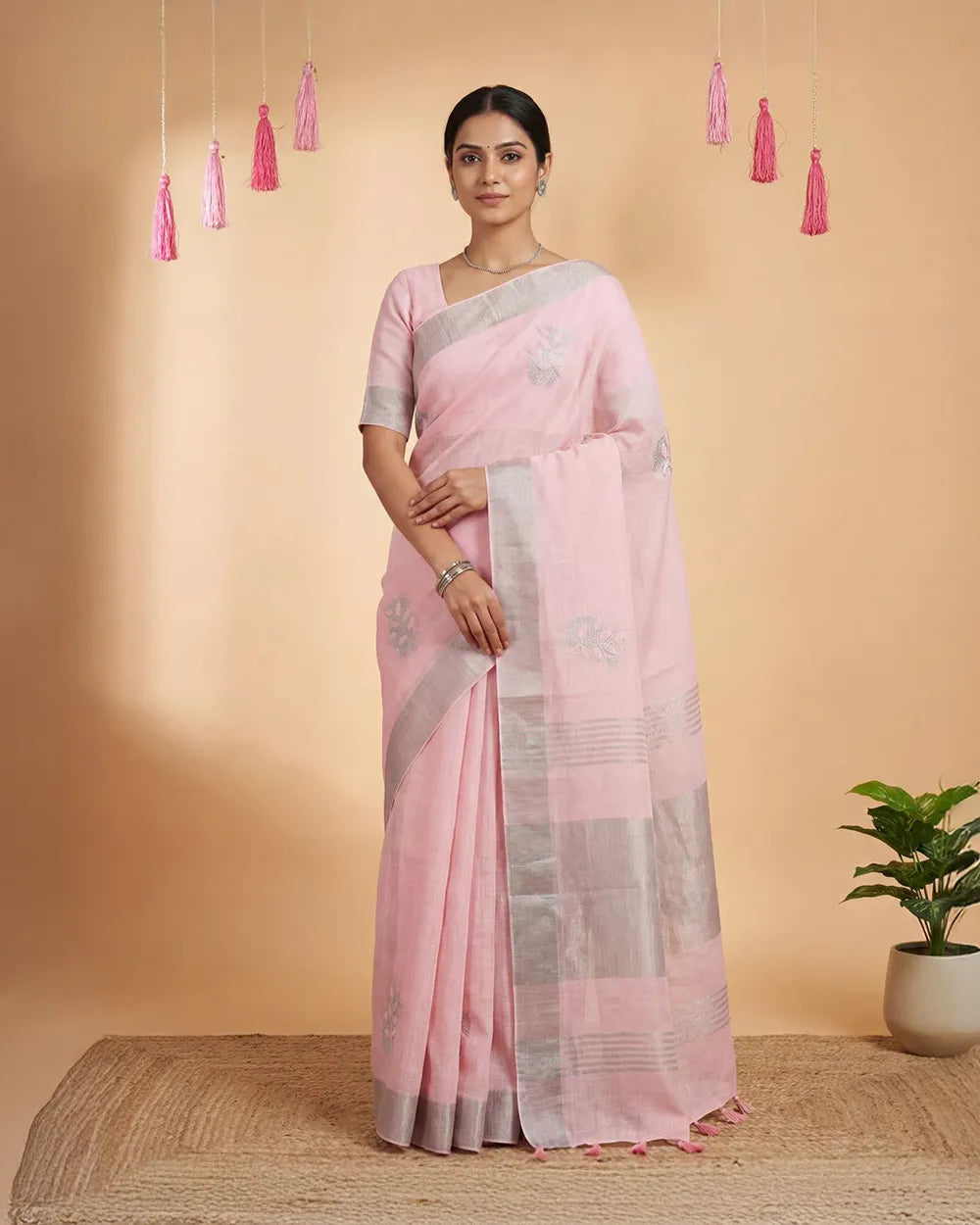 SC6619(3) - LINEN EMBROIDERY SAREE WITH SILVER ZARI LINES
