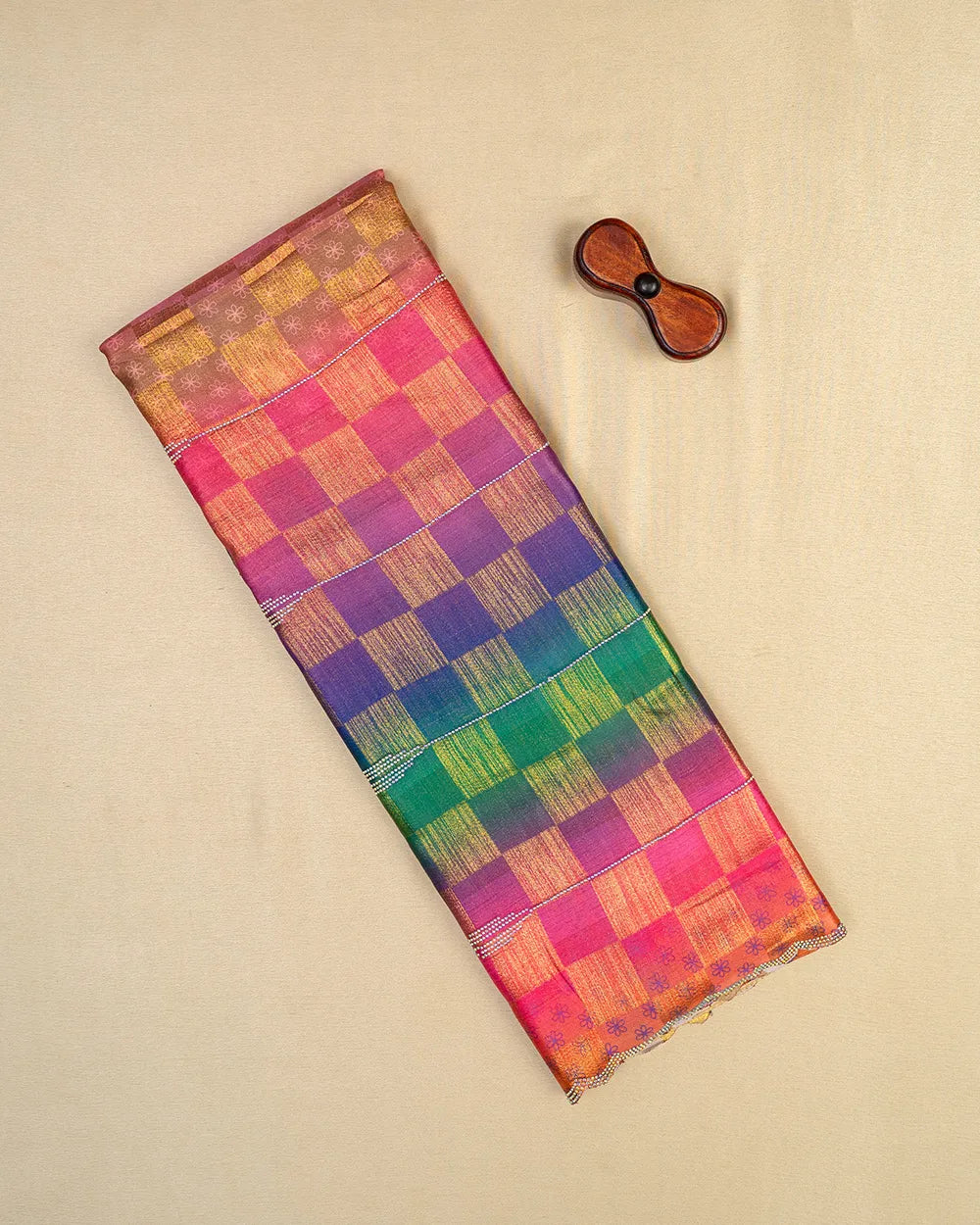 SC6624 - SATIN MULTI STONE ZARI CHECKED SAREE