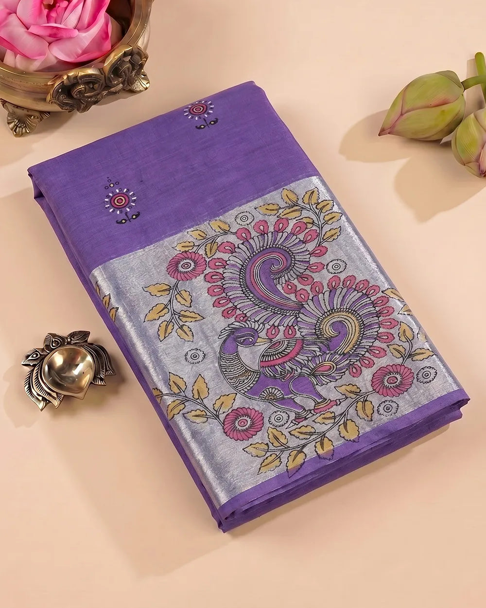 SC7500 - KHADI COTTON WITH SILVER ZARI PEACOCK PRINTED SAREE