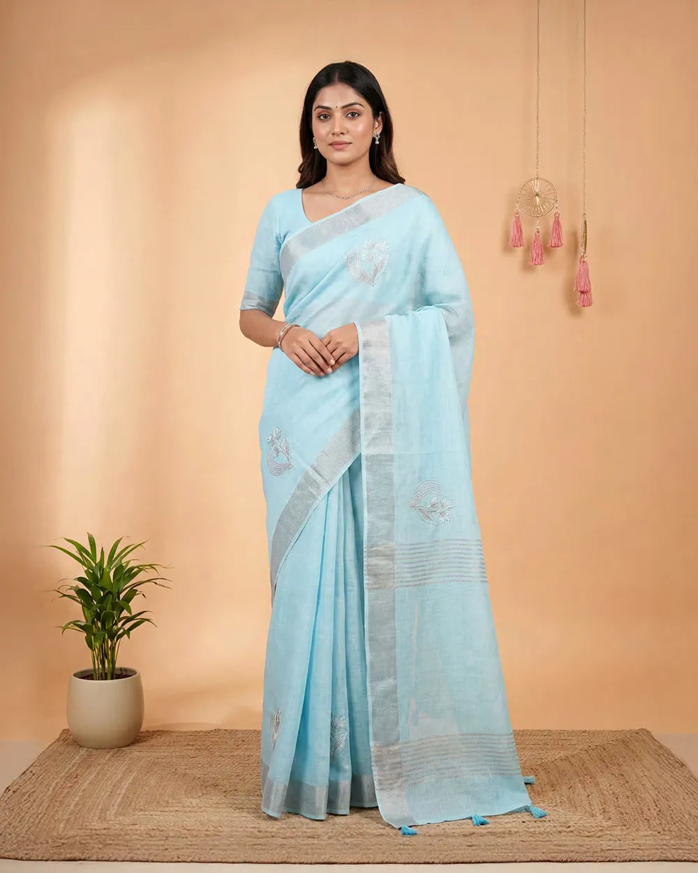 SC6619(1) - LINEN EMBROIDERY SAREE WITH SILVER ZARI LINES