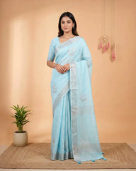 SC6619(1) - LINEN EMBROIDERY SAREE WITH SILVER ZARI LINES