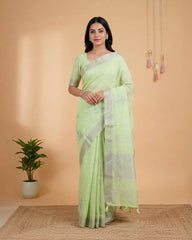 SC6619(4) - LINEN EMBROIDERY SAREE WITH SILVER ZARI LINES