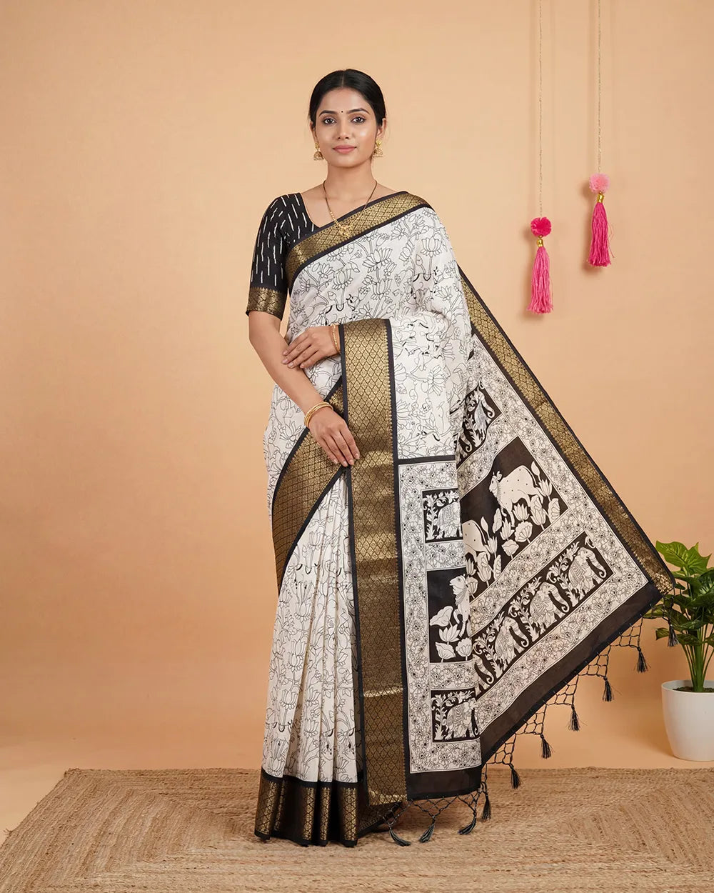 SC5734(6) - TRENDY DOLA SILK SAREE WITH KODI FLOWER WHITE WITH BLACK BORDER