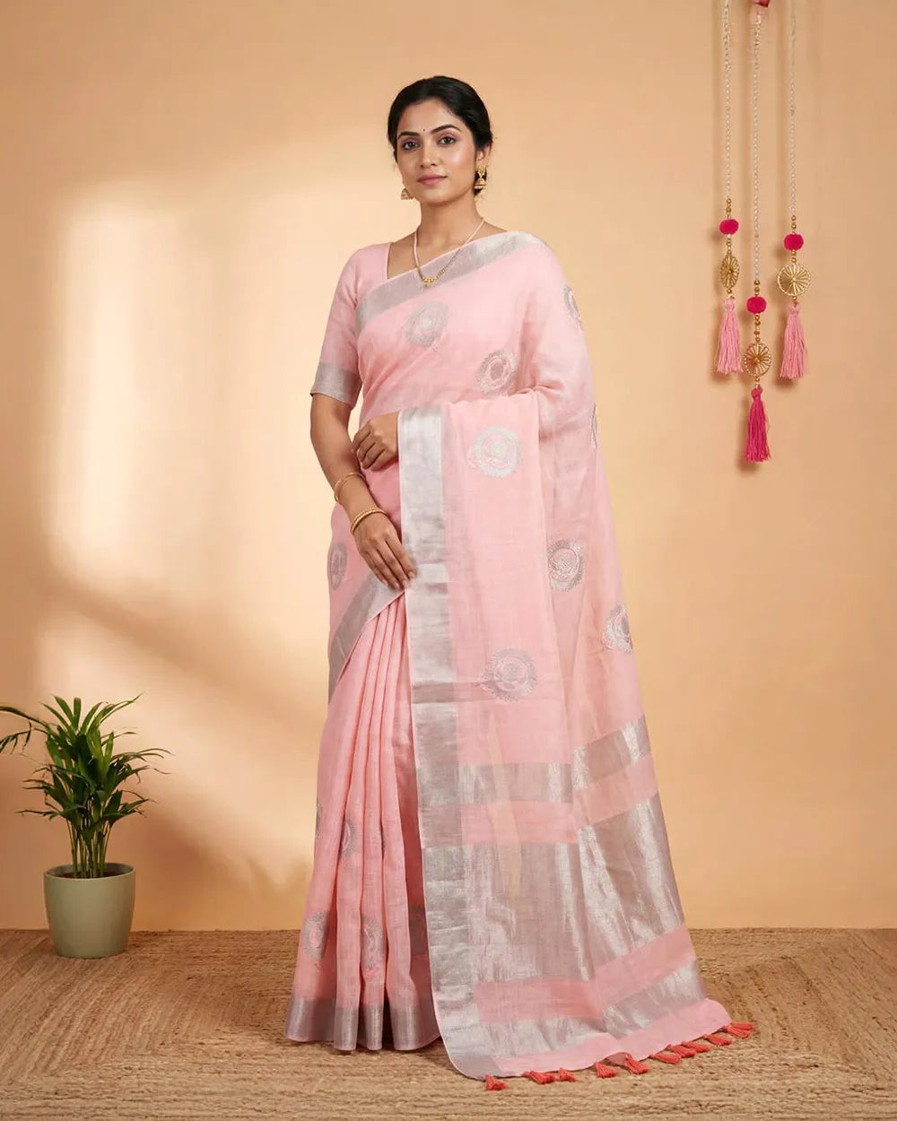 SC6619(5) - LINEN EMBROIDERY SAREE WITH SILVER ZARI LINES