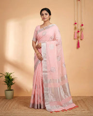 SC6619(5) - LINEN EMBROIDERY SAREE WITH SILVER ZARI LINES
