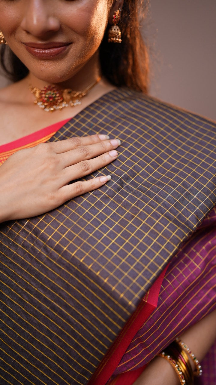Checked Silk Cotton Saree with Contrast Blouse