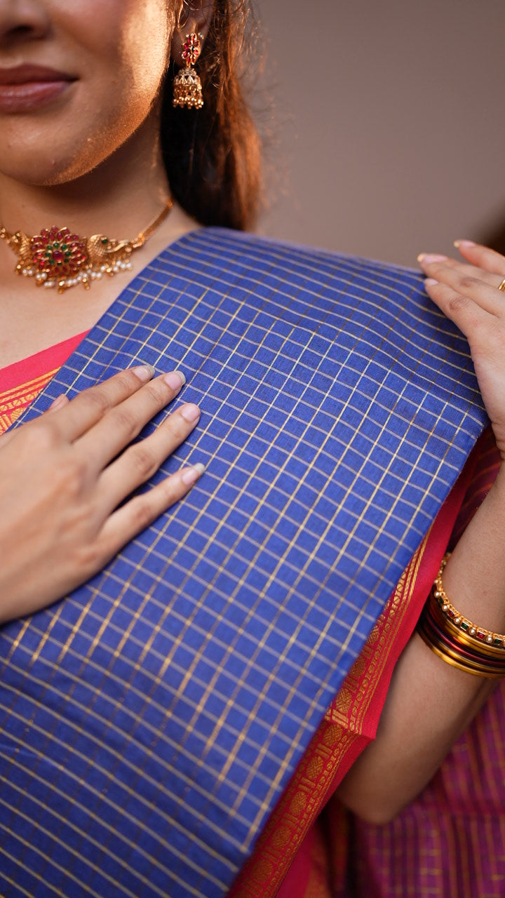 Checked Silk Cotton Saree with Contrast Blouse