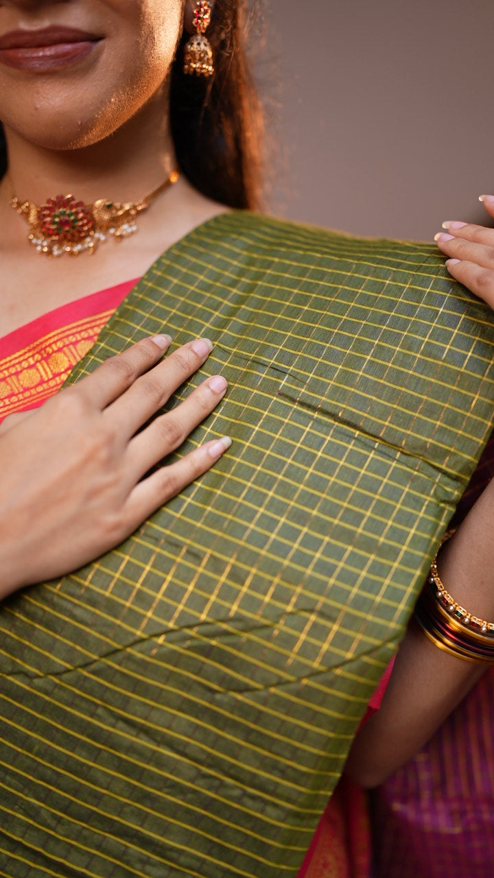 Checked Silk Cotton Saree with Contrast Blouse