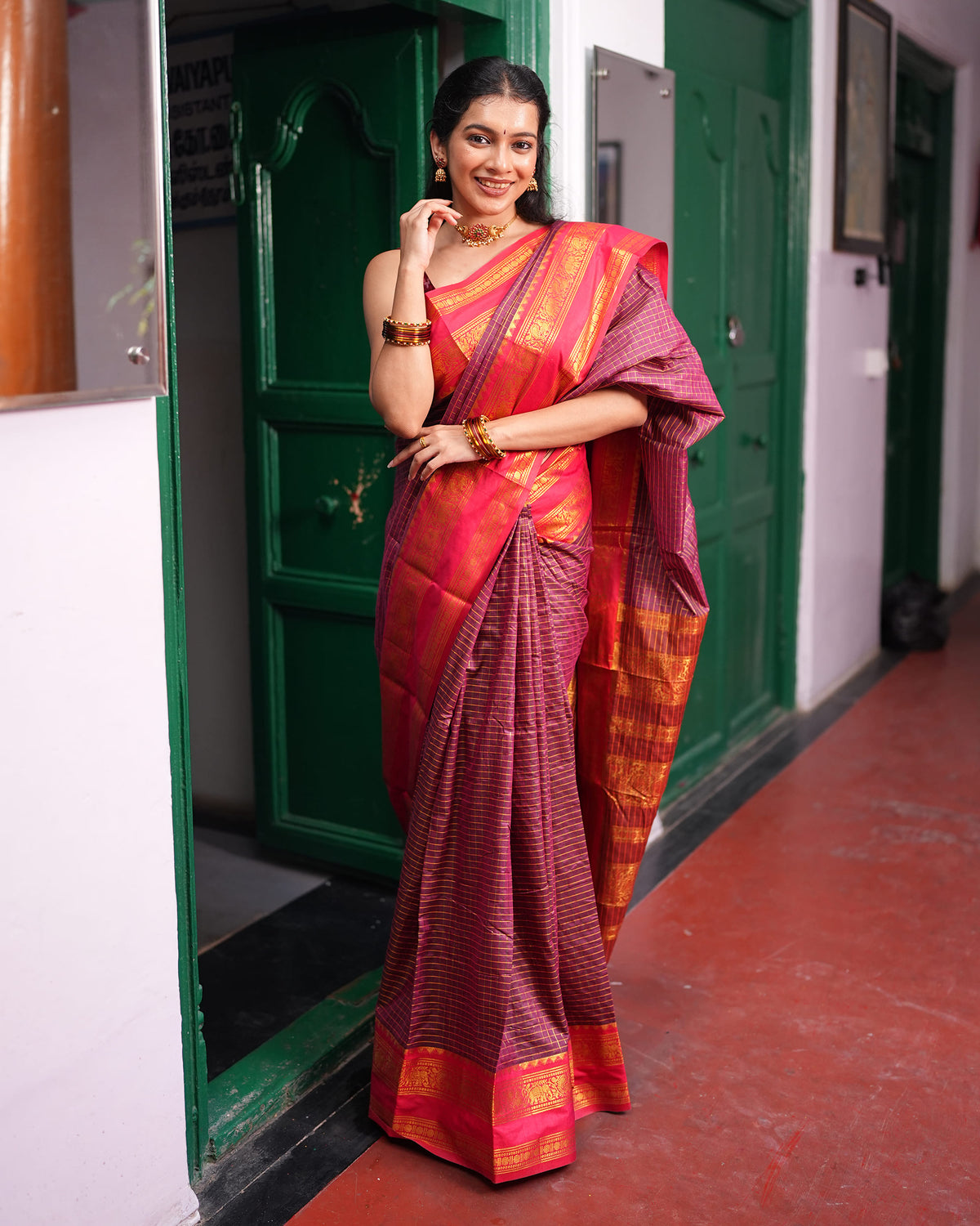 Checked Silk Cotton Saree with Contrast Blouse