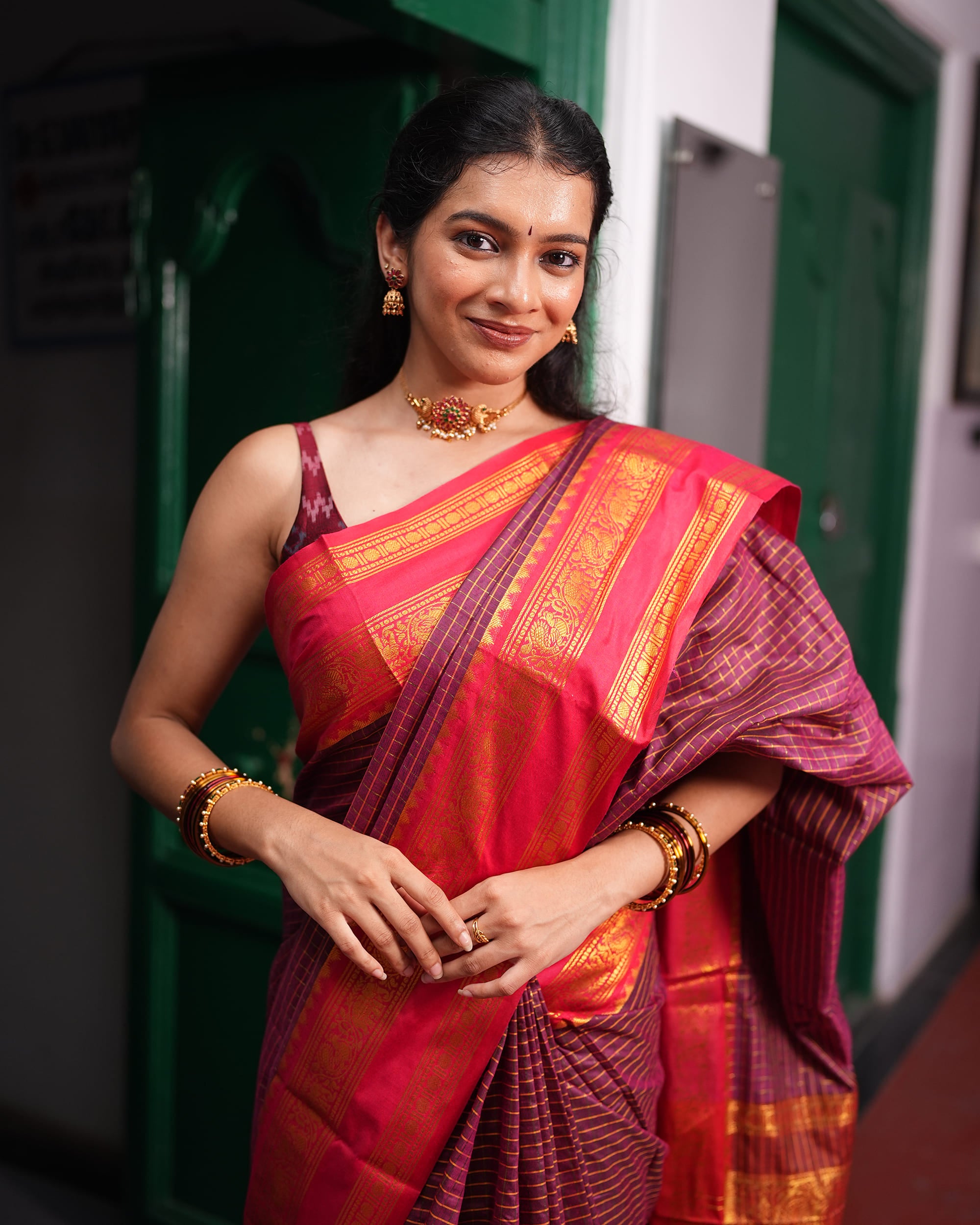 Checked Silk Cotton Saree with Contrast Blouse