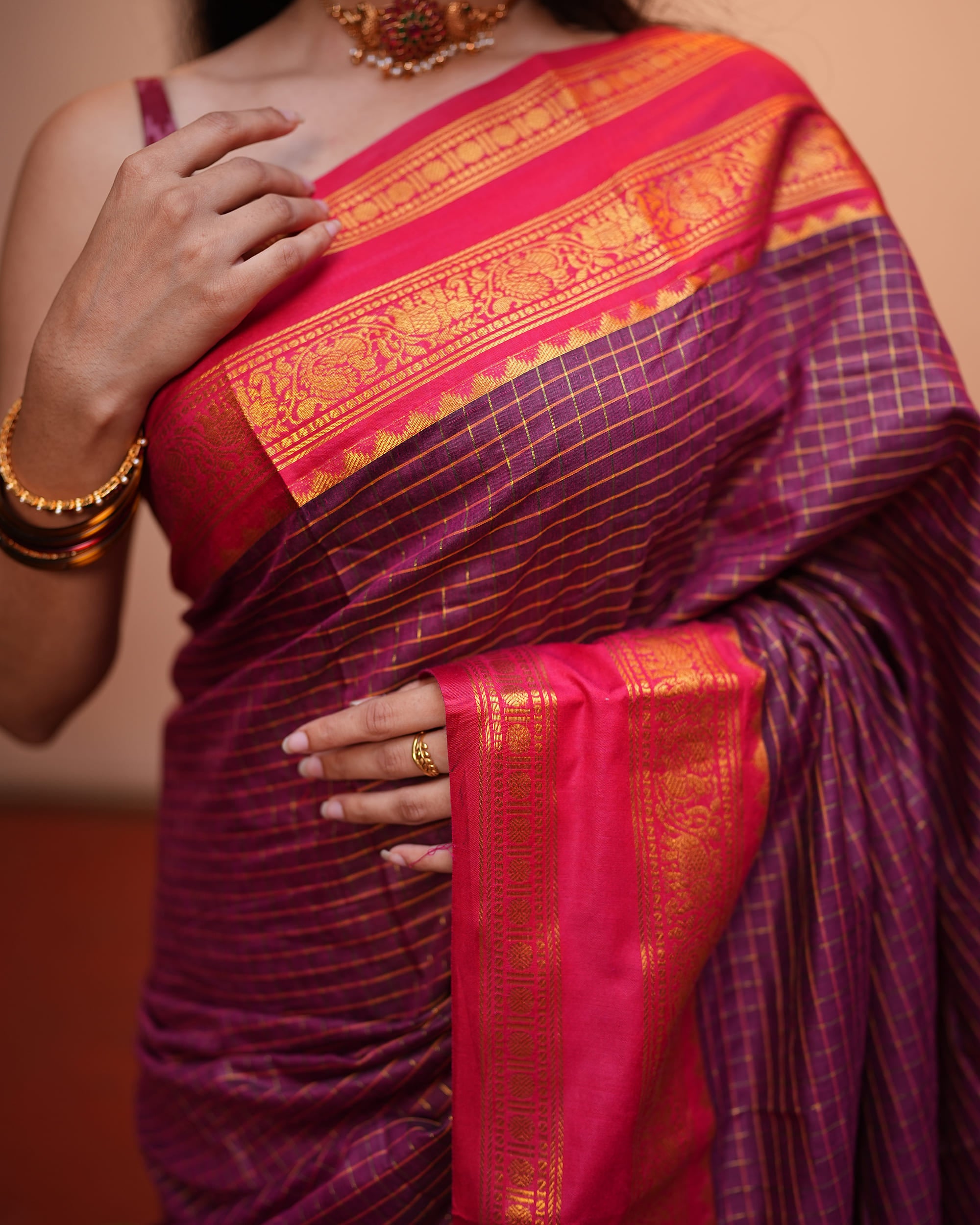 Checked Silk Cotton Saree with Contrast Blouse