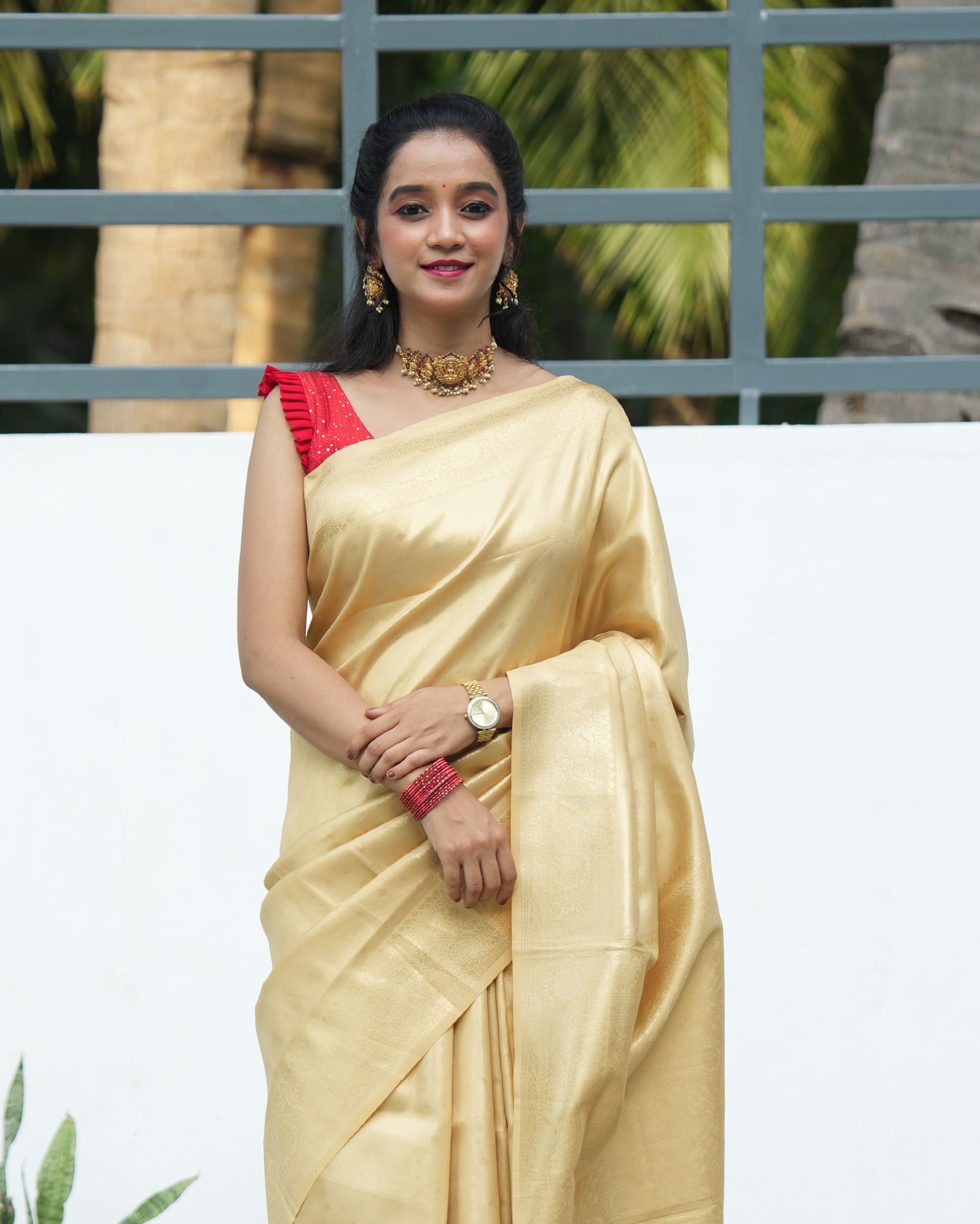 Tissue Saree With Embose Small Buttas
