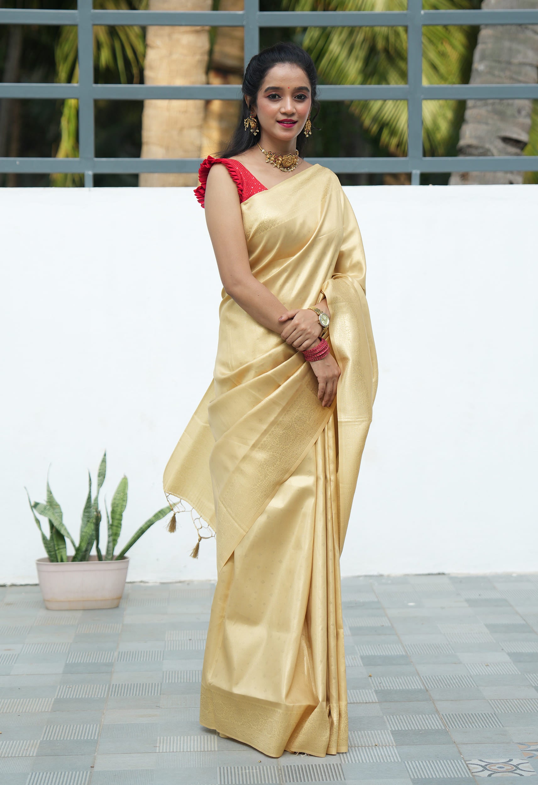 Tissue Saree With Embose Small Buttas