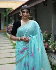 Cotton Saree with Fingerprint Print and Contrast Blouse